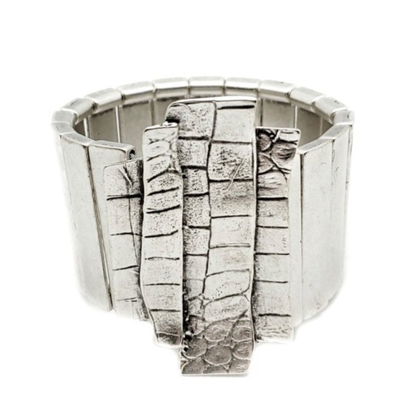 Wide Silver Plated Stretch Boho Bracelet | Handmade Statement Cuff | Chanour - Picture 2 of 6